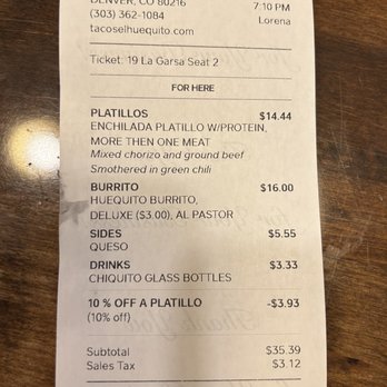 Tacos El Huequito - Bill, I like how the prices are triple numbers - Food Trucks Near Me - Denver, Colorado Tacos El Huequito - Bill, I like how the prices are triple numbers - Food Trucks Near Me - Denver, Colorado
