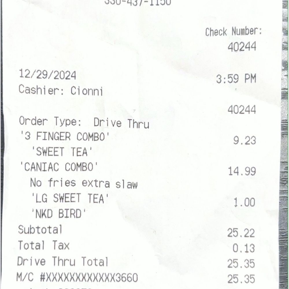 Raising Cane's Chicken Fingers - Receipt of our order. - Fast Food Near Me - North Canton, Ohio Raising Cane's Chicken Fingers - Receipt of our order. - Fast Food Near Me - North Canton, Ohio