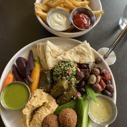 Mezze platter and fries