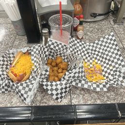 My two Cheese Dogs, side of small Tater TOTs, and a large PINK LEMONADE!!!