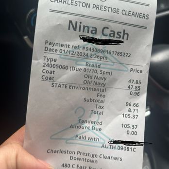 Charleston Prestige Cleaners - Receipt of 2 pea coats - Dry Cleaning Near Me - Charleston, South Carolina Charleston Prestige Cleaners - Receipt of 2 pea coats - Dry Cleaning Near Me - Charleston, South Carolina
