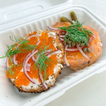 Courage Bagels - salmon roe on burnt everything & smoked salmon on poppy - Bagels Near Me - Los Angeles, California