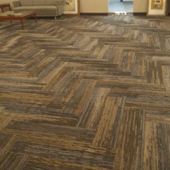 Victory Floors - Chevron-patterned carpet-tiles in Commercial Reception area - Carpet Installation Near Me - Gaithersburg, Maryland