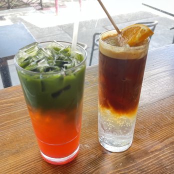 Component Coffee - Fresno - Strawberry Matcha Lemonade (left), Espresso Tonic (right) - Coffee & Tea Near Me - Fresno, California