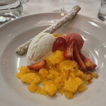 Chez Panisse - Strawberry and vanilla-kirsch sherbets with Page mandarin granita. - New American Near Me - Berkeley, California
