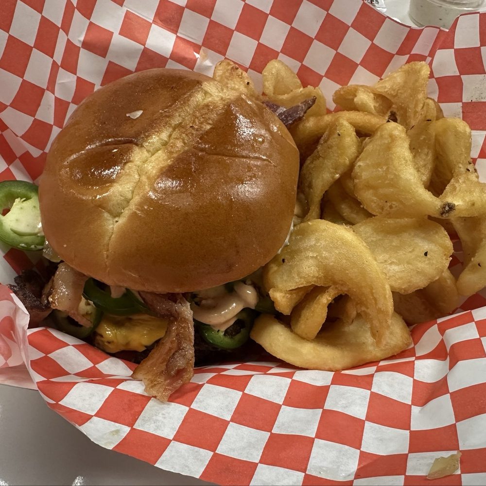 Smash And Slice - Triple smash burger w/ grilled onions and jalapeños - Pizza Near Me - Las Vegas, Nevada