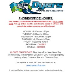 Dyer's RV Parts and Accessories - PHOENIX, AZ OFFICE HOURS (CALL AHEAD)