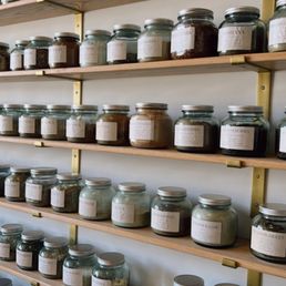 shelves of jars of various spices