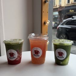 Strawberry Matcha latte, pink guava lychee refresher, matcha coco cano