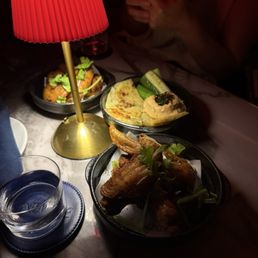 hummus with green onion pancake. chicken wings