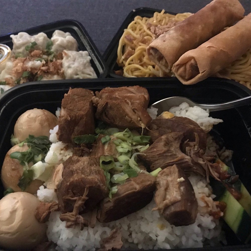 Pork dumplings, garlic noodles, egg rolls, and the special, Thịt kho tàu (braised pork and eggs). Pork dumplings, garlic noodles, egg rolls, and the special, Thịt kho tàu (braised pork and eggs).