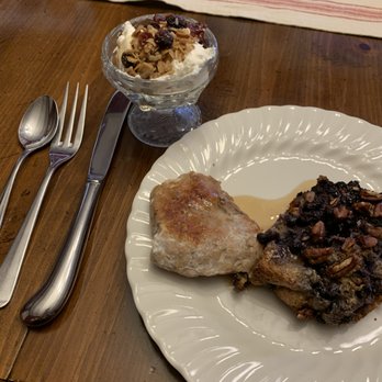 Peacock House - Breakfast: homemade yogurt, homemade granola, homemade turkey sausage, a Maine blueberry bread pudding topped with Maine maple syrup & pecan - Hotels Near Me - Lubec, Maine