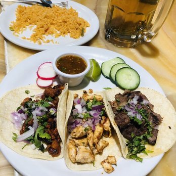 Fiesta Azteca - three tacos on a plate with a side of rice - Mexican Near Me - Warrenton, Virginia