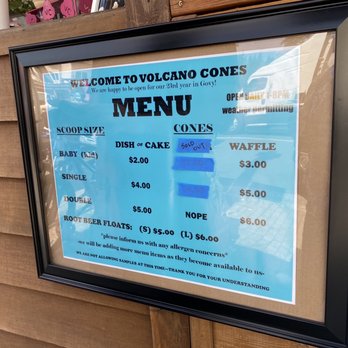 Volcano Cones - a menu for a volcano cone - Desserts Near Me - Government Camp, Oregon