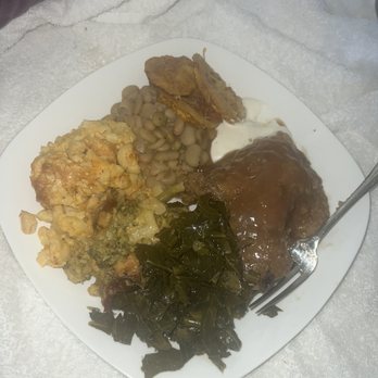 Sunset Soul Food - 2 Pieces Smothered Pork Chops Collard Greens Broccoli Casserole Mac & Cheese Green/Lima Beans Fried Squash - Seafood Near Me - Charlotte, North Carolina