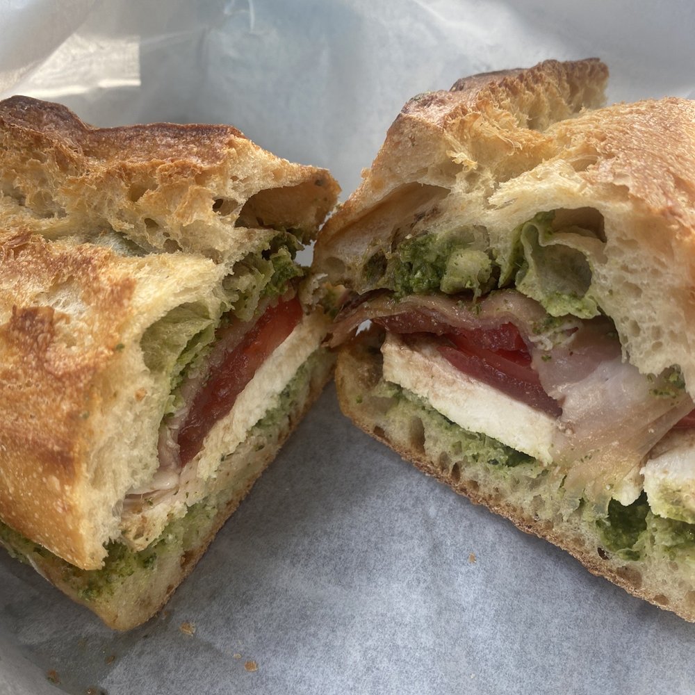 Caprese sandwich (Fresh Mozzarella, tomato, pesto) with added prosciutto Caprese sandwich (Fresh Mozzarella, tomato, pesto) with added prosciutto