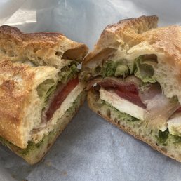 Caprese sandwich (Fresh Mozzarella, tomato, pesto) with added prosciutto Caprese sandwich (Fresh Mozzarella, tomato, pesto) with added prosciutto