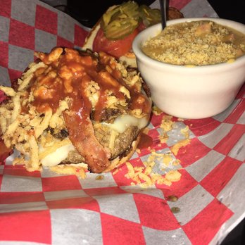 Jack & Grill - Country BBQ burger with smoked mac and cheese for the college kid at the table. - Burgers Near Me - Roanoke, Texas