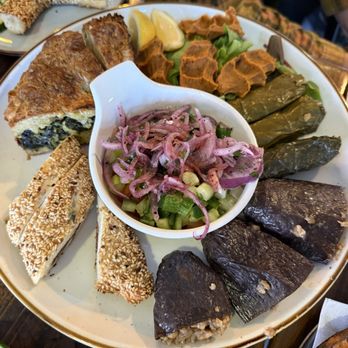 Simurgh Bakery and Cafe  - Turkish Sampler/Mezze Plater: bourek, bulgur kofte, dolma, eggplant dolma, stuffed simit, shepherd salad - Bakeries Near Me - Emeryville , California