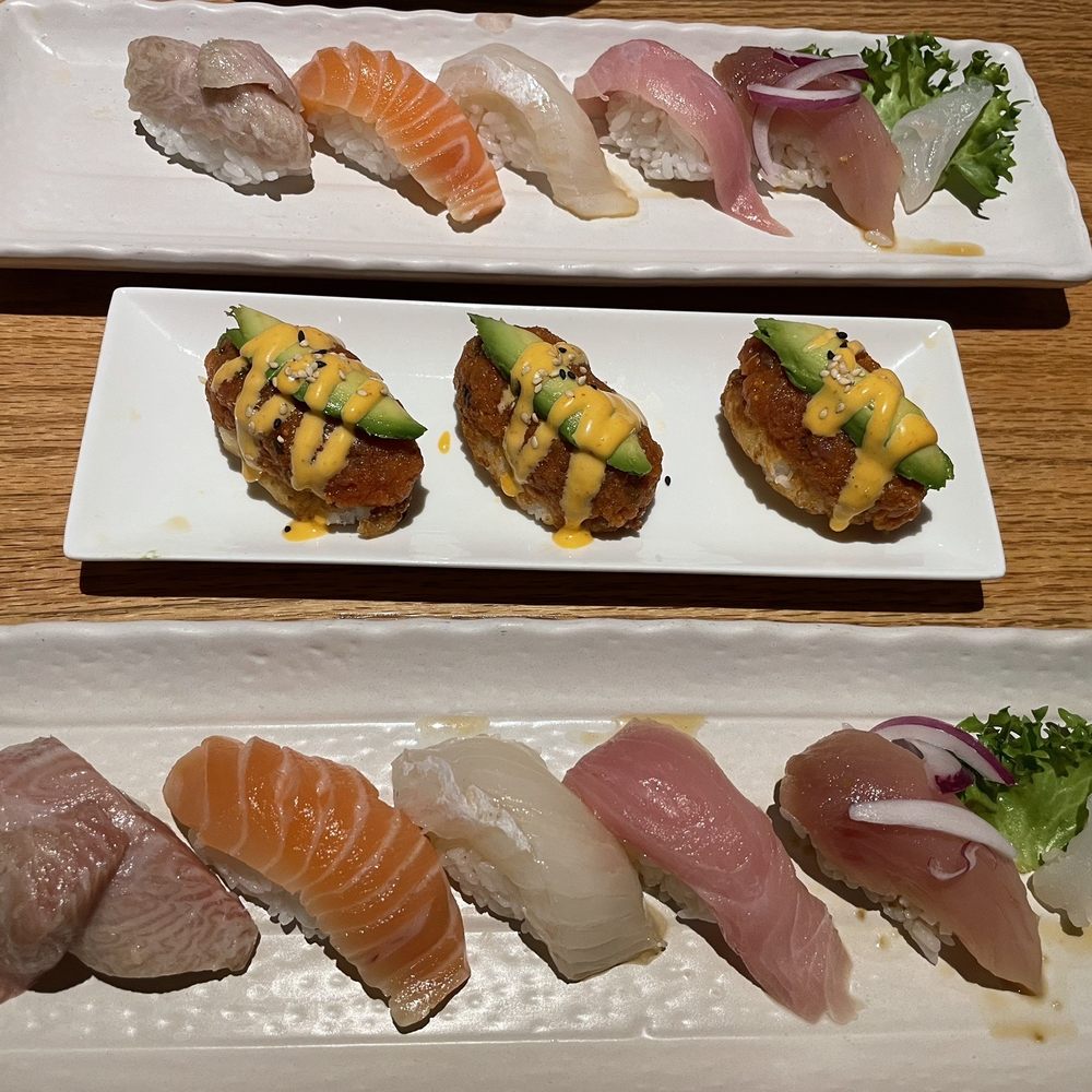 Sushi Dake - Sushi sampler appetizer (one for each of us) and spicy tuna on crispy rice - Japanese Near Me - Burbank, California Sushi Dake - Sushi sampler appetizer (one for each of us) and spicy tuna on crispy rice - Japanese Near Me - Burbank, California