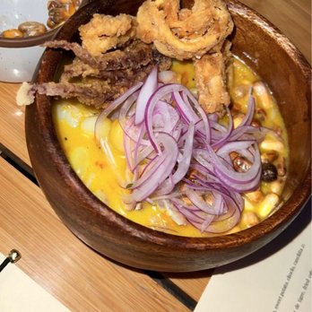 Leche De Tigre - Ceviche with Fried Calamari. Delicious! - Peruvian Near Me - San Antonio, Texas Leche De Tigre - Ceviche with Fried Calamari. Delicious! - Peruvian Near Me - San Antonio, Texas