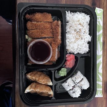 Samurai Sushi - Chicken Katsu lunch bento box. Also comes with miso soup and salad (not shown) - Japanese Near Me - Oklahoma City, Oklahoma Samurai Sushi - Chicken Katsu lunch bento box. Also comes with miso soup and salad (not shown) - Japanese Near Me - Oklahoma City, Oklahoma
