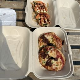 Pizza bagel and pesto, tomato, mozz toast