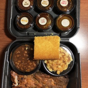 Mission BBQ - Six of their sauces, baked beans, cornbread, Mac n cheese and ribs. - Barbeque Near Me - Pittsburgh, Pennsylvania