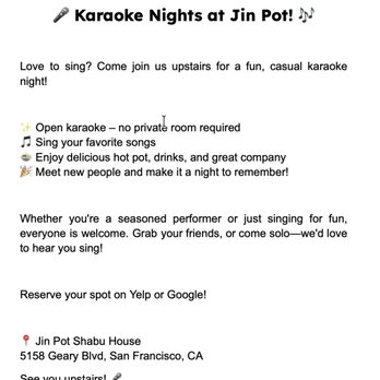 Jin Pot Shabu House - Karaoke Upstairs now!!!! - Hot Pot Near Me - San Francisco, California Jin Pot Shabu House - Karaoke Upstairs now!!!! - Hot Pot Near Me - San Francisco, California