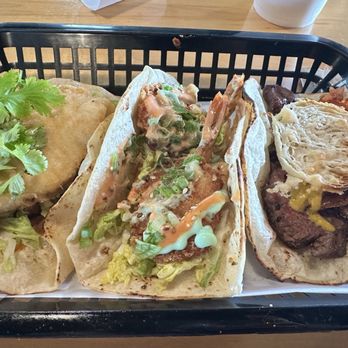 Burgers vs Tacos - The three tacos ordered. Fish, shrimp, and steak. - Burgers Near Me - San Antonio, Texas Burgers vs Tacos - The three tacos ordered. Fish, shrimp, and steak. - Burgers Near Me - San Antonio, Texas