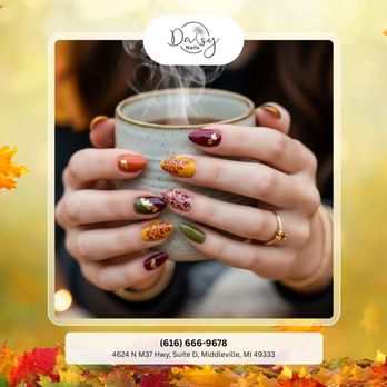Daisy Nails - Fall in love with autumn leaf designs -- cozy tones, soft shine, and all the season's charm. Schedule your fall mani today! - Nail Salons Near Me - Middleville, Michigan Daisy Nails - Fall in love with autumn leaf designs -- cozy tones, soft shine, and all the season's charm. Schedule your fall mani today! - Nail Salons Near Me - Middleville, Michigan