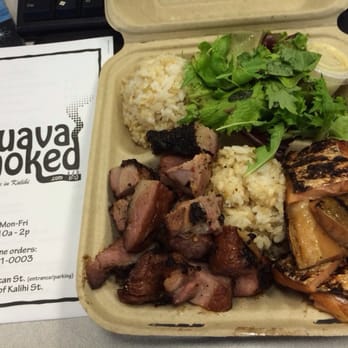 Guava Smoked - Smoked Mixed Plate - with Smoked Spicy Pork & Smoked Salmon Bellies, Nalo Greens - Barbeque Near Me - Honolulu, Hawaii