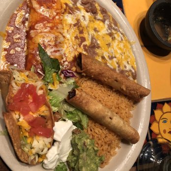 Pepitos - Combination plate with cheese enchilada, taquitos and beef taco - Mexican Near Me - Riverside, California