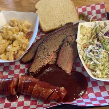 Nine Line BBQ - 2 meat plate Mac cheese coleslaw brisket jalapeño cheese sausage - Barbeque Near Me - Amarillo, Texas