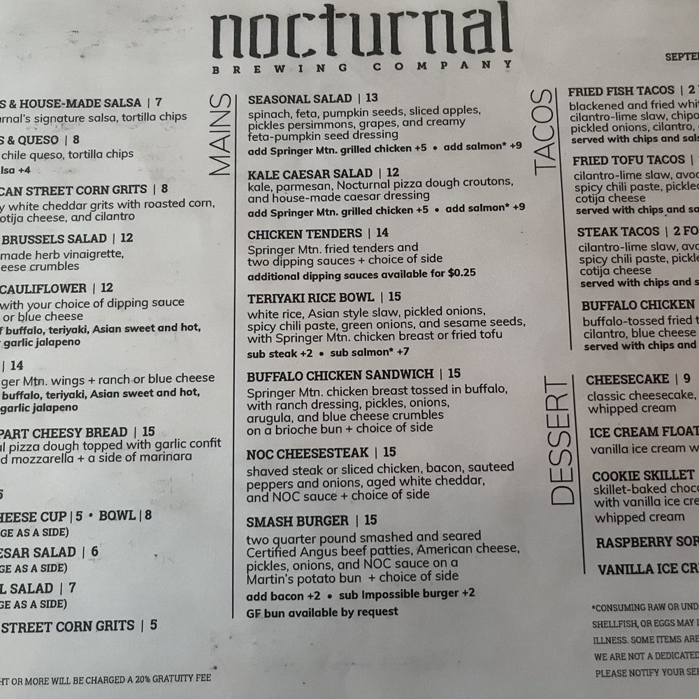 Nocturnal Brewing Company - Apps, sides, mains, tacos and dessert menu (10/24) - Brewpubs Near Me - Hayesville, North Carolina Nocturnal Brewing Company - Apps, sides, mains, tacos and dessert menu (10/24) - Brewpubs Near Me - Hayesville, North Carolina