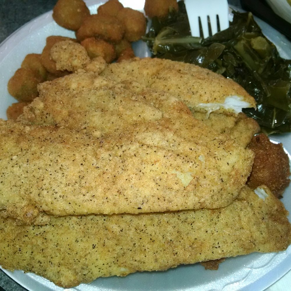 Chicken King - Salt & pepper flounder w/collards & fried okra. (Impressive tarter sauce also) - Fast Food Near Me - Mount Holly, North Carolina Chicken King - Salt & pepper flounder w/collards & fried okra. (Impressive tarter sauce also) - Fast Food Near Me - Mount Holly, North Carolina