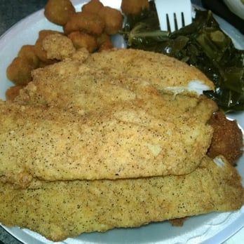 Chicken King - Salt & pepper flounder w/collards & fried okra. (Impressive tarter sauce also) - Fast Food Near Me - Mount Holly, North Carolina Chicken King - Salt & pepper flounder w/collards & fried okra. (Impressive tarter sauce also) - Fast Food Near Me - Mount Holly, North Carolina