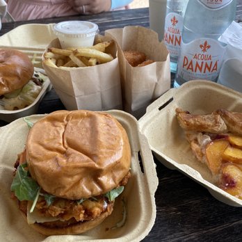 The Barn - (Clockwise from top left) Barn burger, fries, Mac n cheese bites, peach almond pie, and chicken sandwich - Burgers Near Me - Half Moon Bay, California The Barn - (Clockwise from top left) Barn burger, fries, Mac n cheese bites, peach almond pie, and chicken sandwich - Burgers Near Me - Half Moon Bay, California
