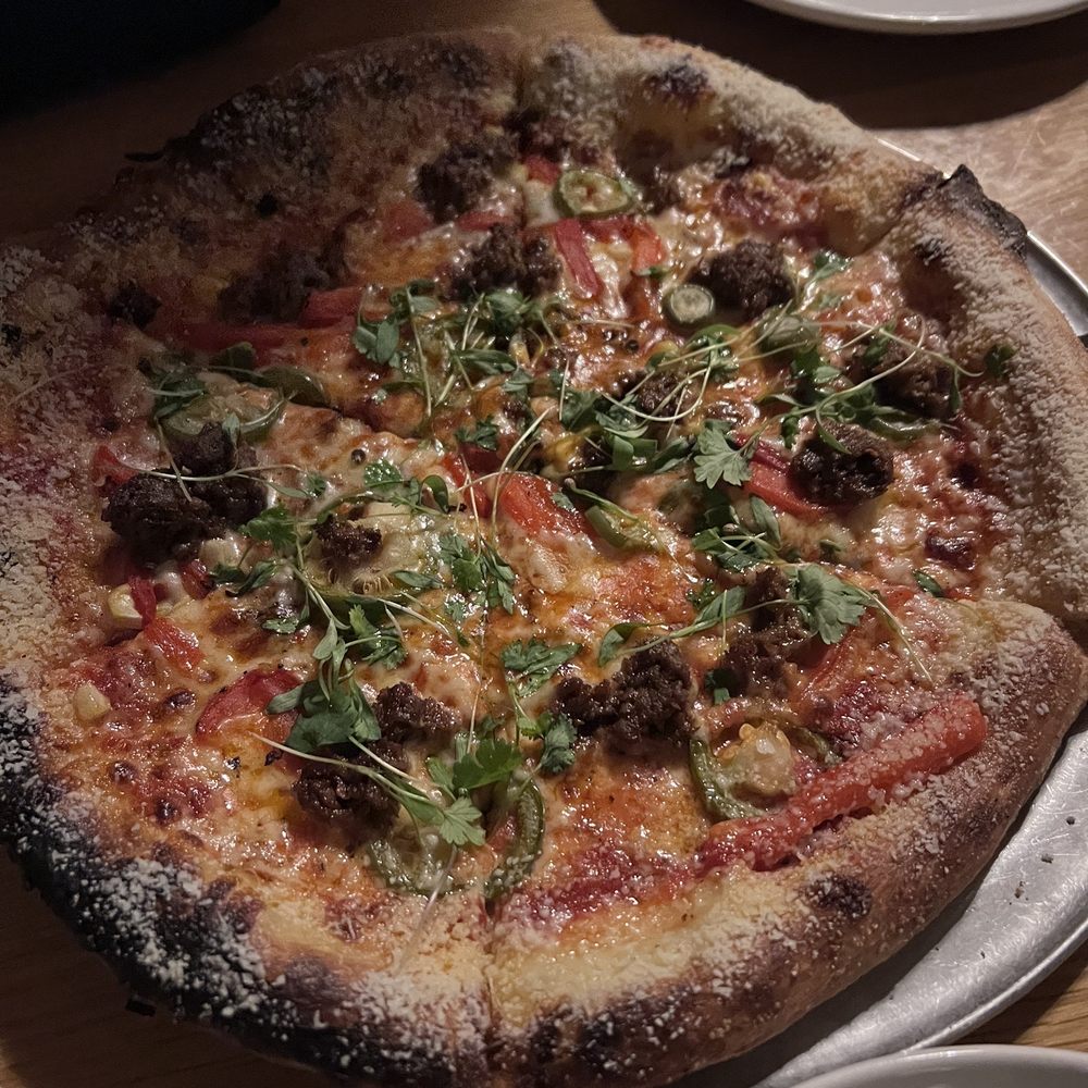 Spicy corn pizza with vegan chorizo Spicy corn pizza with vegan chorizo
