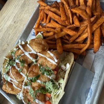 Pacific Catch - Fried shrimp tacos. Double sweet potato fries in place of beans. - Seafood Near Me - Cupertino, California