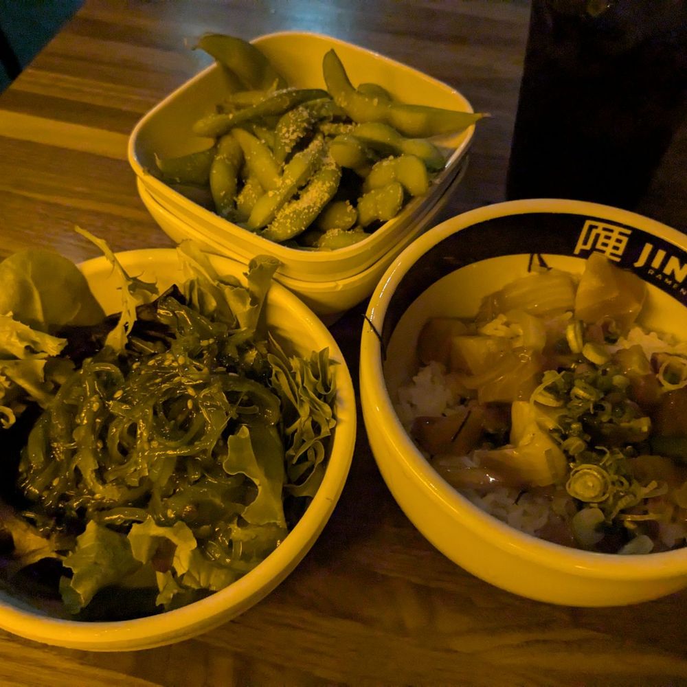 JINYA Ramen Bar - Tulsa - Left - Seaweed Salad ($5.50), Center - Edamame ($6), Right - Salmon Poke ($9) - Tapas/Small Plates Near Me - Tulsa, Oklahoma JINYA Ramen Bar - Tulsa - Left - Seaweed Salad ($5.50), Center - Edamame ($6), Right - Salmon Poke ($9) - Tapas/Small Plates Near Me - Tulsa, Oklahoma