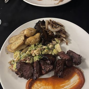Hemisphere Bistro - Hanging tender with peppercorn Szechuan sauce. Brussel sprouts and fingerling potatoes with mushroom/onion on side for steak. - French Near Me - Bettendorf, Iowa