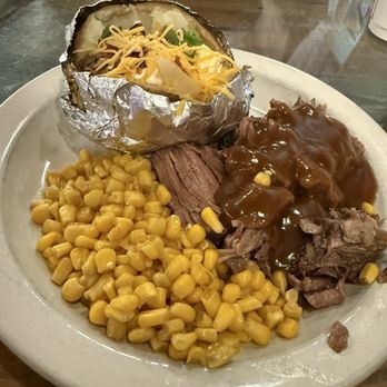 Pine Country Restaurant - Roast Beef Dinner with sweet corn and baked potato - Breakfast & Brunch Near Me - Williams, Arizona