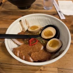Japanese curry udon with pork katsu and eggs