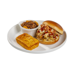 Sweets & Meats BBQ Restaurant - Pulled Chicken Sandwich with Sweet Cornbread and Sweet Potato Casserole