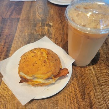 Jacksonville Coffee Company - Bacon Egg & Cheese Biscuit and an iced Amaretto Orange Latte with almondmilk - Coffee & Tea Near Me - Jacksonville, Florida Jacksonville Coffee Company - Bacon Egg & Cheese Biscuit and an iced Amaretto Orange Latte with almondmilk - Coffee & Tea Near Me - Jacksonville, Florida