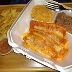 Lacolonia Restaurant - Cheese Enchiladas with Red Sauce, Refried Beans, Rice, Fresh Chips, and Warm Salsa