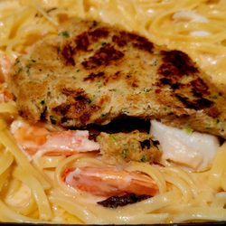 Azteca Restaurant-Cantina - Seafood Linguini. The crab meat is that smashed crab cake.