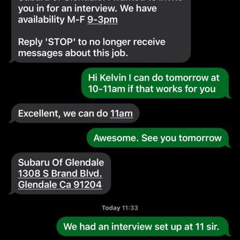 Subaru of Glendale - Screenshot of my conversation with the "director". I would not trust this store. They can't even show up on time to their own interview! - Car Dealers Near Me - Glendale, California Subaru of Glendale - Screenshot of my conversation with the "director". I would not trust this store. They can't even show up on time to their own interview! - Car Dealers Near Me - Glendale, California