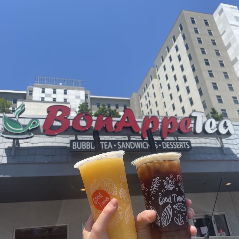Bon AppeTea - Store Front with our drink selfie. - Bubble Tea Near Me - College Station, Texas Bon AppeTea - Store Front with our drink selfie. - Bubble Tea Near Me - College Station, Texas